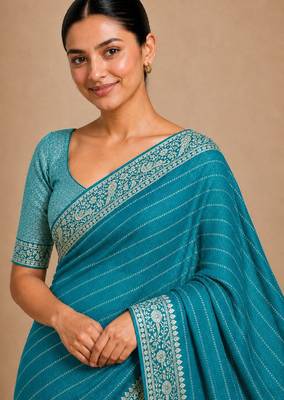Firozi color smart chiffon designer wevon jacquard designer partywear saree 3