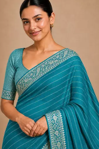 Firozi color smart chiffon designer wevon jacquard designer partywear saree