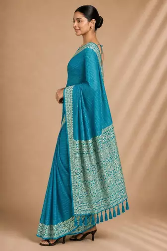Firozi color smart chiffon designer wevon jacquard designer partywear saree