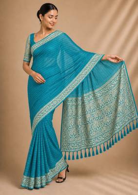 Firozi color smart chiffon designer wevon jacquard designer partywear saree 5