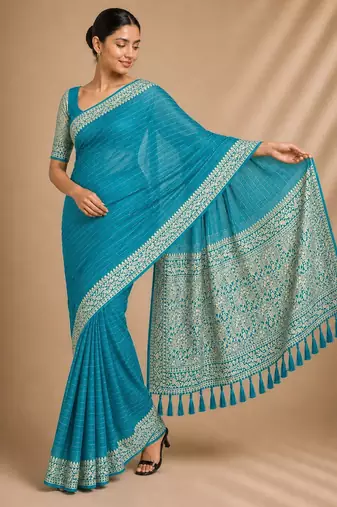 Firozi color smart chiffon designer wevon jacquard designer partywear saree