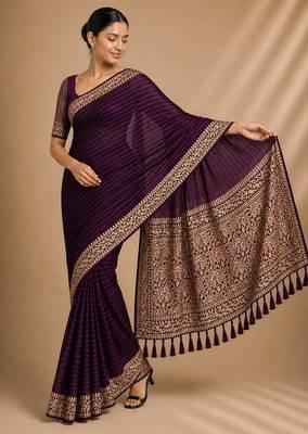 Wine color smart chiffon designer wevon jacquard designer partywear saree 1