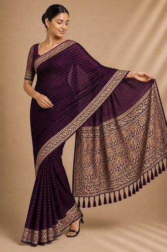 Wine color smart chiffon designer wevon jacquard designer partywear saree