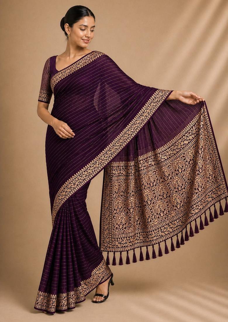 Wine color smart chiffon designer wevon jacquard designer partywear saree