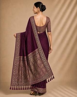 Wine color smart chiffon designer wevon jacquard designer partywear saree 2