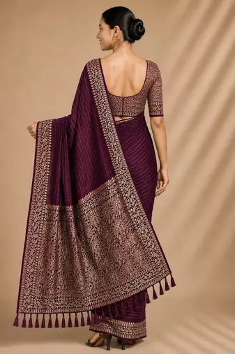 Wine color smart chiffon designer wevon jacquard designer partywear saree