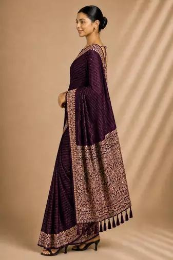 Wine color smart chiffon designer wevon jacquard designer partywear saree