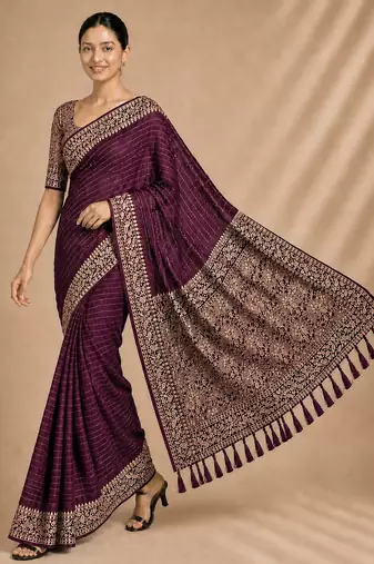 Wine color smart chiffon designer wevon jacquard designer partywear saree