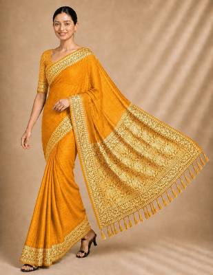 Yellow color smart chiffon designer wevon jacquard designer partywear saree 1