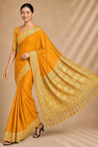 Yellow color smart chiffon designer wevon jacquard designer partywear saree