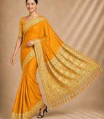 Yellow color smart chiffon designer wevon jacquard designer partywear saree