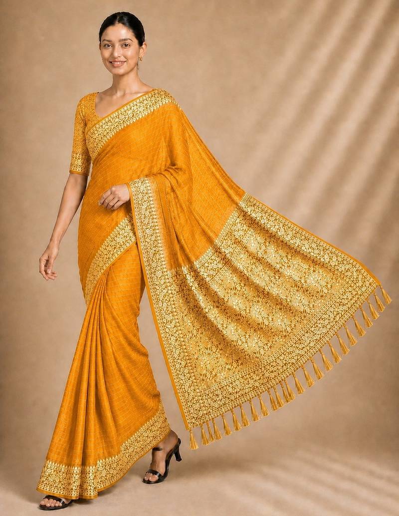 Yellow color smart chiffon designer wevon jacquard designer partywear saree