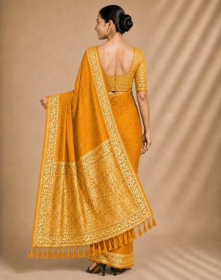 Yellow color smart chiffon designer wevon jacquard designer partywear saree 2