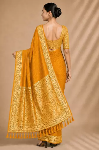 Yellow color smart chiffon designer wevon jacquard designer partywear saree