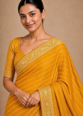 Yellow color smart chiffon designer wevon jacquard designer partywear saree 3