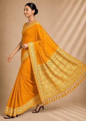 Yellow color smart chiffon designer wevon jacquard designer partywear saree 4