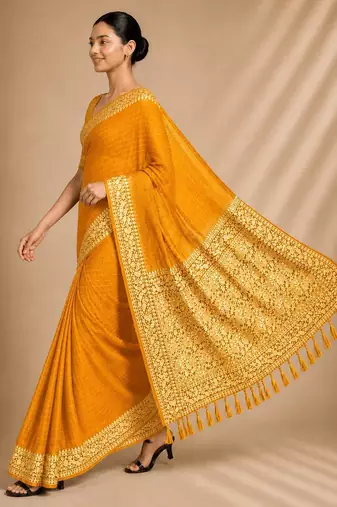 Yellow color smart chiffon designer wevon jacquard designer partywear saree