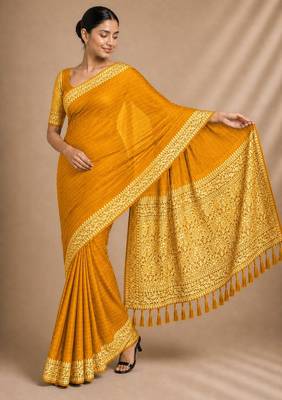 Yellow color smart chiffon designer wevon jacquard designer partywear saree 5