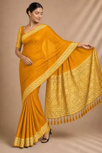 Yellow color smart chiffon designer wevon jacquard designer partywear saree