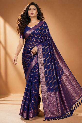 Blue color designer wevon jacquard designer chiffon fabric traditional rich saree