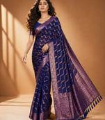 Blue color designer wevon jacquard designer chiffon fabric traditional rich saree