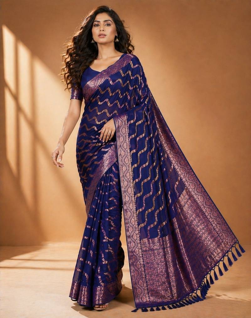 Blue color designer wevon jacquard designer chiffon fabric traditional rich saree
