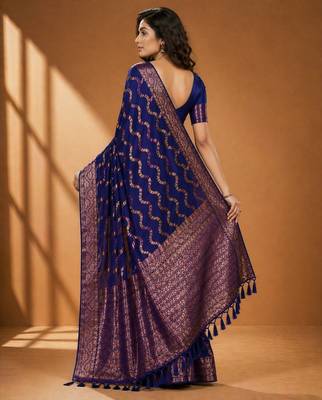 Blue color designer wevon jacquard designer chiffon fabric traditional rich saree 2