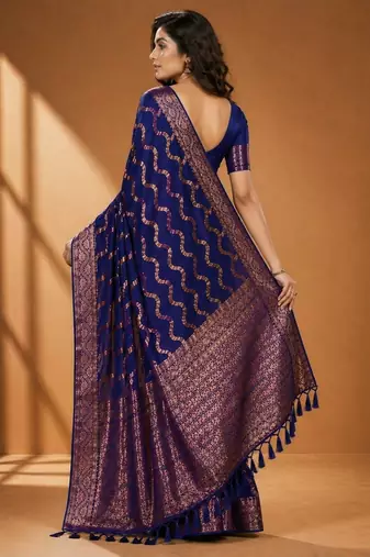 Blue color designer wevon jacquard designer chiffon fabric traditional rich saree