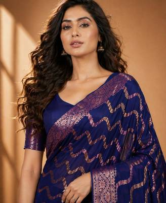 Blue color designer wevon jacquard designer chiffon fabric traditional rich saree 3
