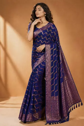Blue color designer wevon jacquard designer chiffon fabric traditional rich saree
