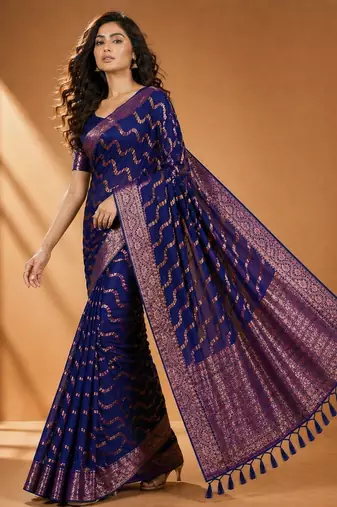 Blue color designer wevon jacquard designer chiffon fabric traditional rich saree