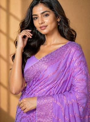 Pink color designer wevon jacquard designer chiffon fabric traditional rich saree 3