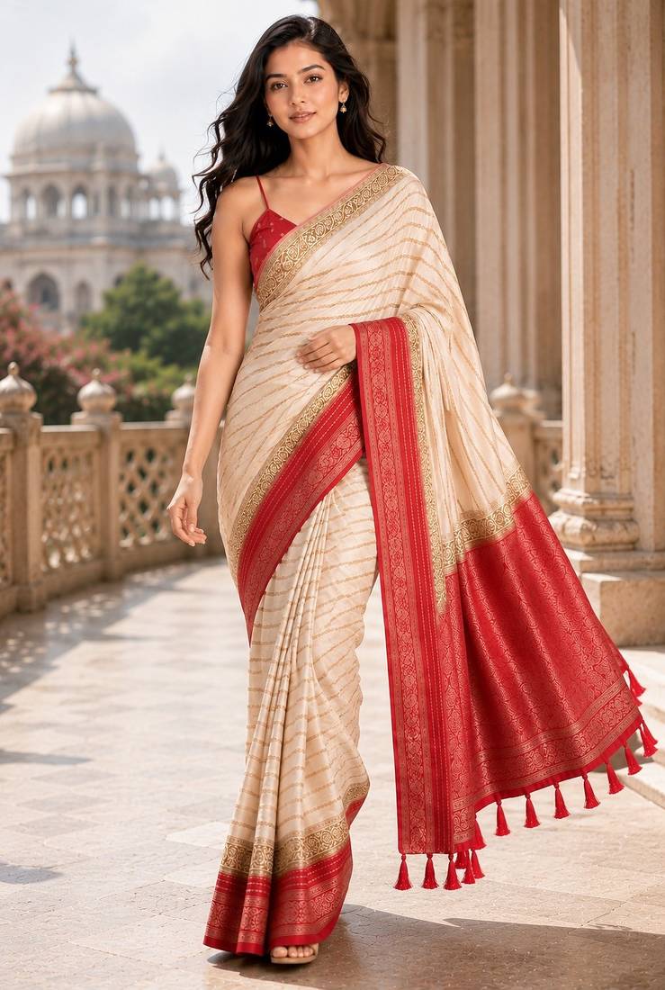 Cream color designer wevon jacquard designer crepe fabric traditional rich saree