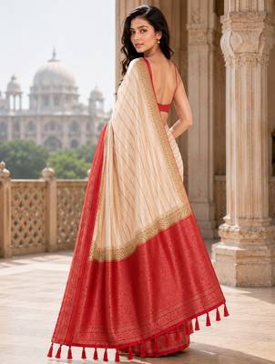 Cream color designer wevon jacquard designer crepe fabric traditional rich saree 2