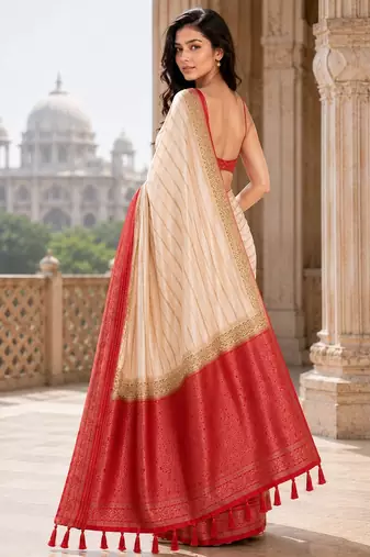 Cream color designer wevon jacquard designer crepe fabric traditional rich saree