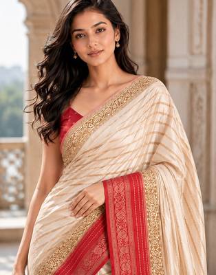 Cream color designer wevon jacquard designer crepe fabric traditional rich saree 3
