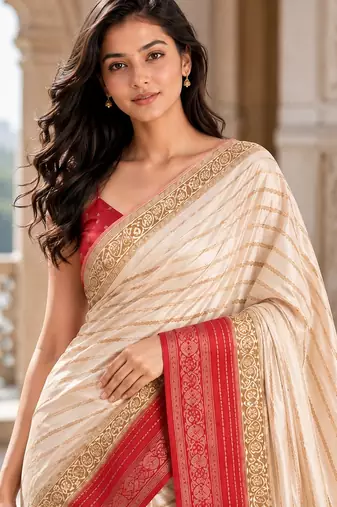 Cream color designer wevon jacquard designer crepe fabric traditional rich saree
