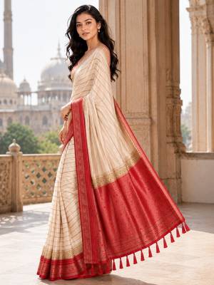 Cream color designer wevon jacquard designer crepe fabric traditional rich saree 4