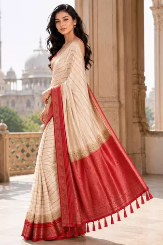 Cream color designer wevon jacquard designer crepe fabric traditional rich saree
