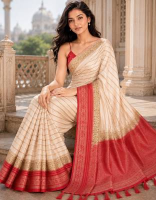 Cream color designer wevon jacquard designer crepe fabric traditional rich saree 5