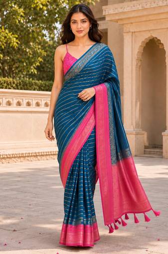 Teal color designer wevon jacquard designer crepe fabric traditional rich saree