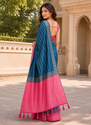 Teal color designer wevon jacquard designer crepe fabric traditional rich saree 2