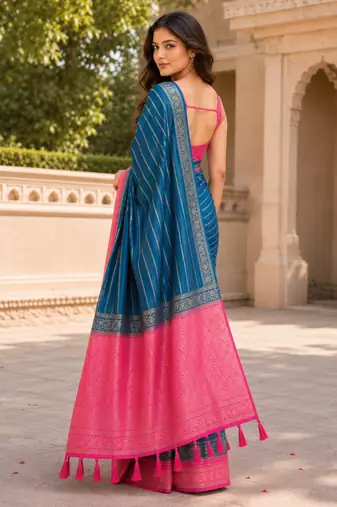 Teal color designer wevon jacquard designer crepe fabric traditional rich saree