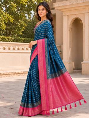 Teal color designer wevon jacquard designer crepe fabric traditional rich saree 4