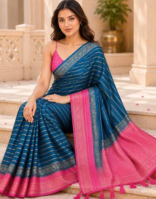 Teal color designer wevon jacquard designer crepe fabric traditional rich saree 5
