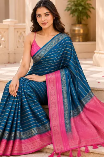 Teal color designer wevon jacquard designer crepe fabric traditional rich saree