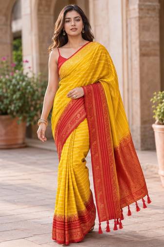 Yellow color designer wevon jacquard designer crepe fabric traditional rich saree