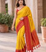 Yellow color designer wevon jacquard designer crepe fabric traditional rich saree