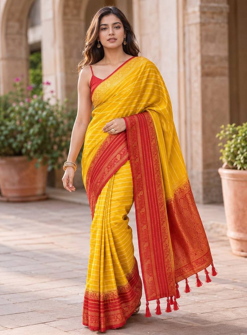 Yellow color designer wevon jacquard designer crepe fabric traditional rich saree