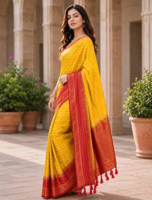Yellow color designer wevon jacquard designer crepe fabric traditional rich saree 4